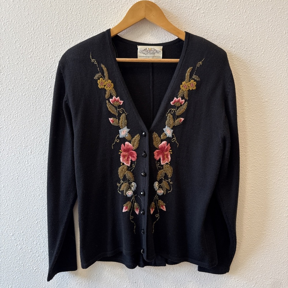 Vintage Susan Bristol Gainsboro Black Embroidered Cardigan Velvet Bow Women's M